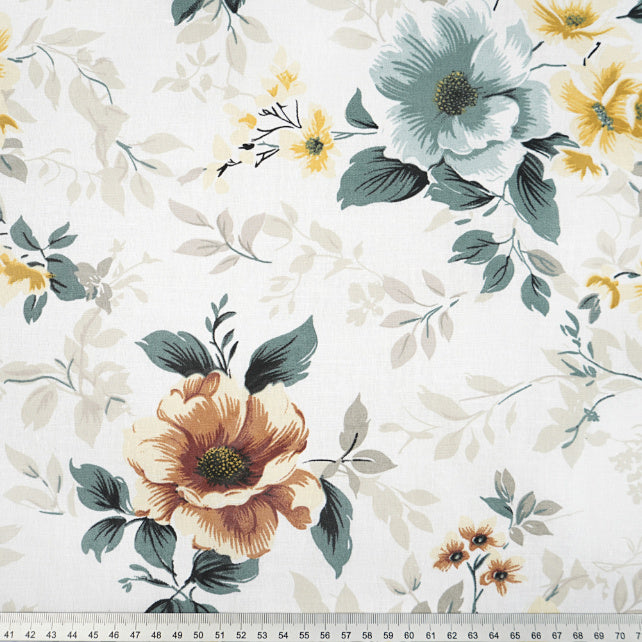 Tissu Coton Fleurs Brune et Sage Fond Blanc | Laize 1m55