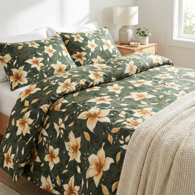 Tissu Coton Fleurs Vanille Fond Vert Foncé | Laize 1m55