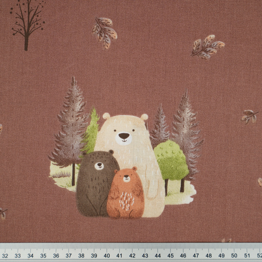 Tissu Coton Famille Ourson Teddy Fond Brun | Laize 1m55