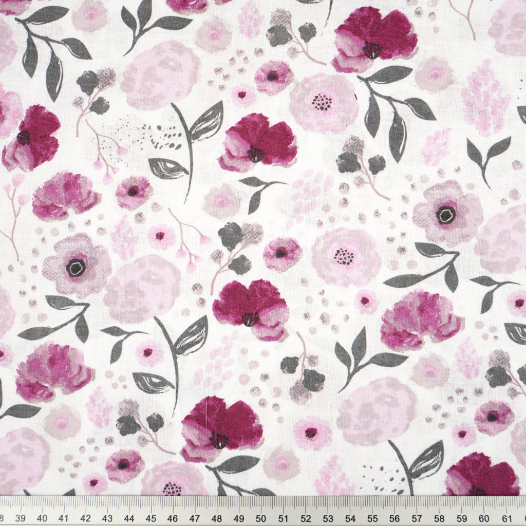 Tissu Coton Fleurs Burgundy Violet Fond Blanc | Laize 1m55