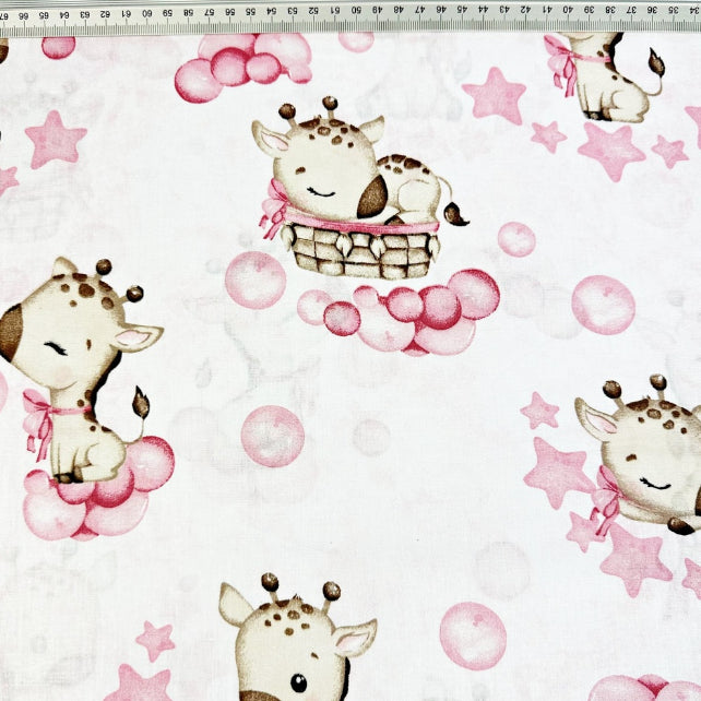 Tissu Coton Africains Girafes Roses Fond Blanc | Laize 1m55
