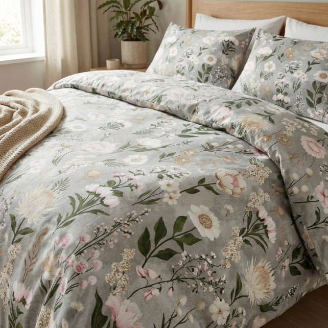 Tissu Coton Jardin Fleuri Fond Gris | Laize 1m55