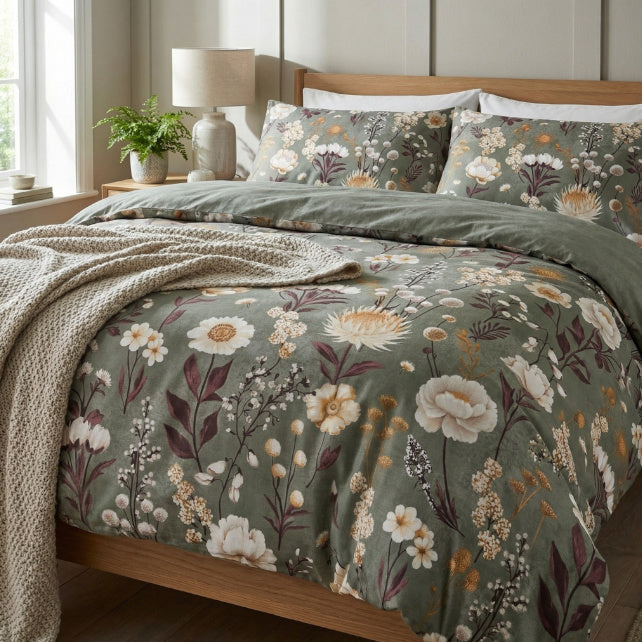 Tissu Coton Jardin Fleuri Fond Vert Sauge | Laize 1m55