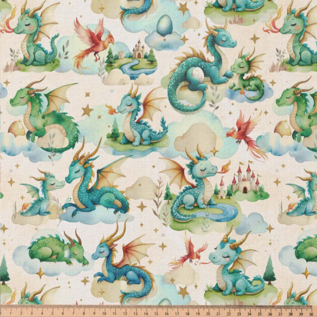 Tissu Coton Numérique Dragon Pendr Vert Fond Lin | Laize 1m50