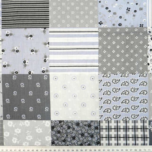 Tissu Coton Patchwork Fleurs Gris Bleu | Laize 1m55