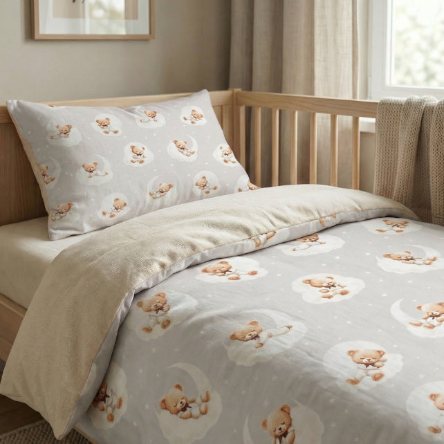 Tissu Coton Teddy Lune Fond Beige Gris | Laize 1m55