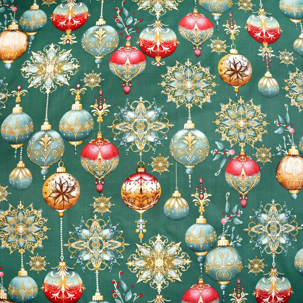 Coton Boules de Noël Multicolores Fond Vert | 1m x 1m60