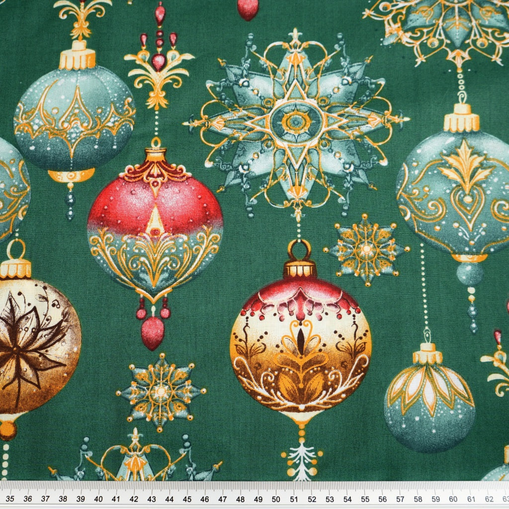 Coton Boules de Noël Multicolores Fond Vert | 1m x 1m60