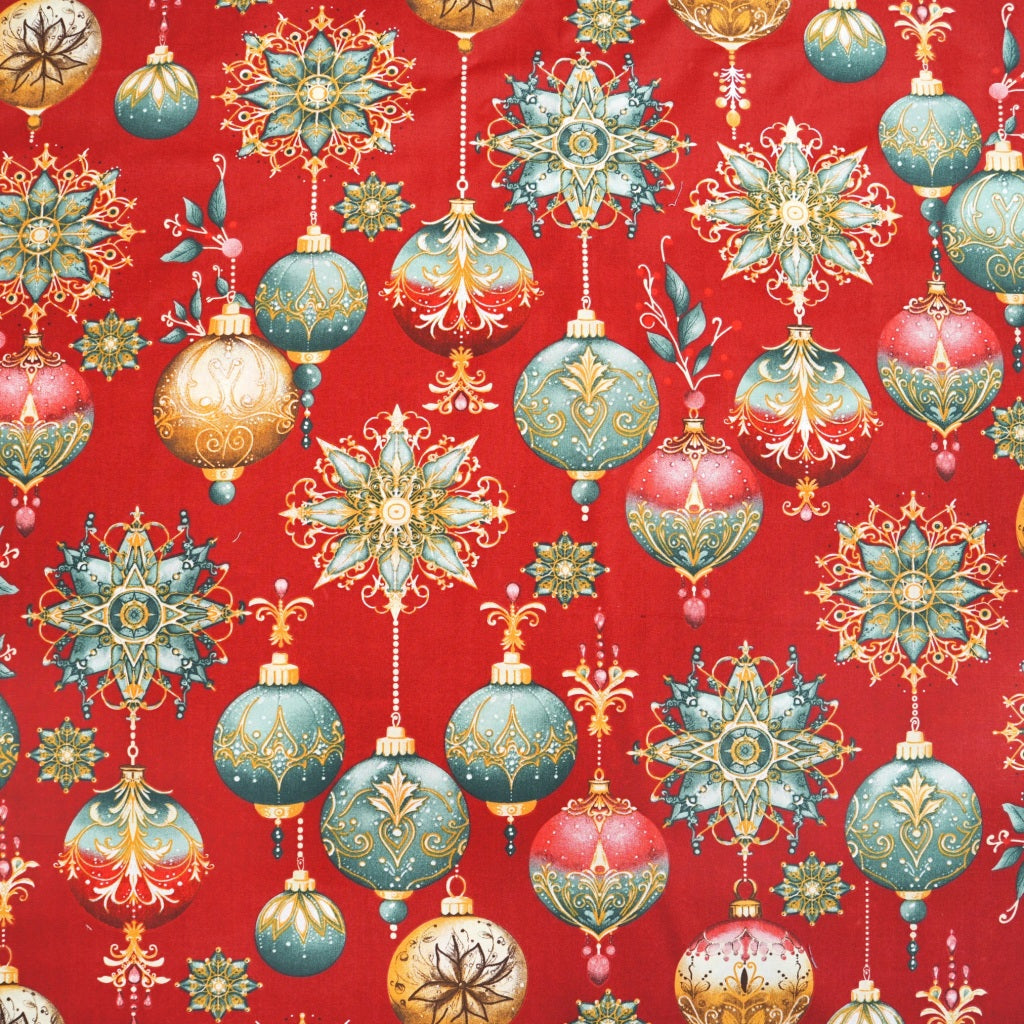 Coton Boules de Noël Multicolores Fond Rouge | 1m x 1m60
