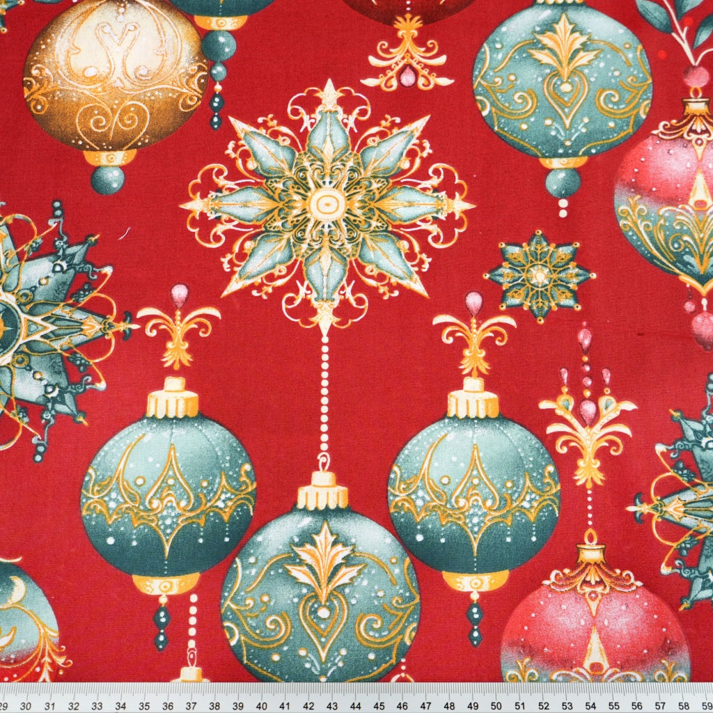 Coton Boules de Noël Multicolores Fond Rouge | 1m x 1m60
