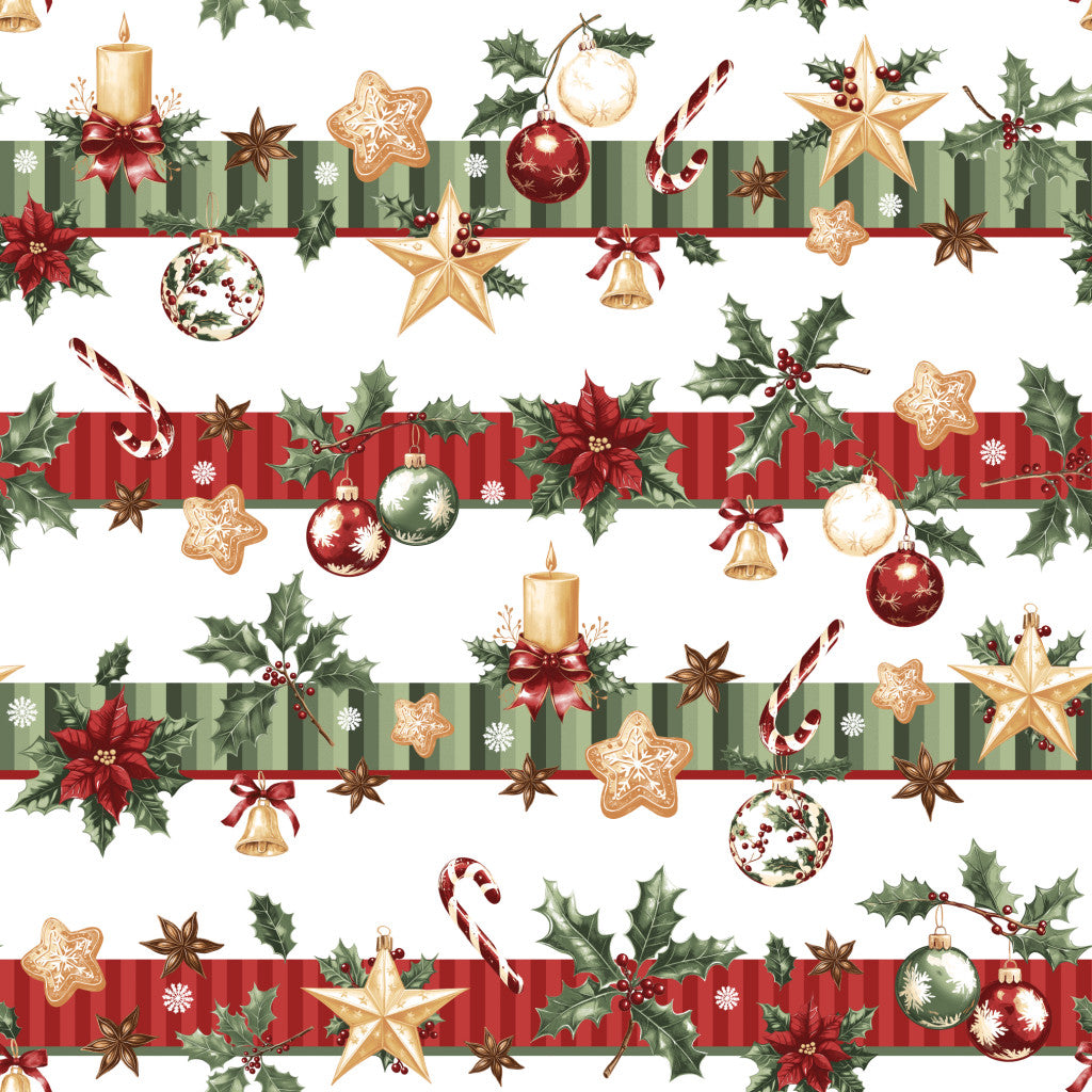 Coton Banderoles De Noël Sur Fond Blanc | Laize 1m55