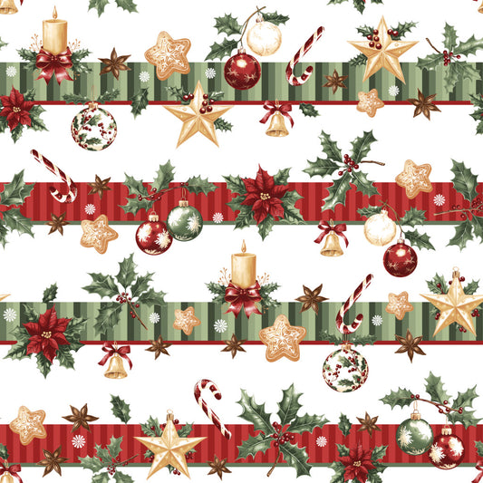 Coton Banderoles De Noël Sur Fond Blanc | Laize 1m55