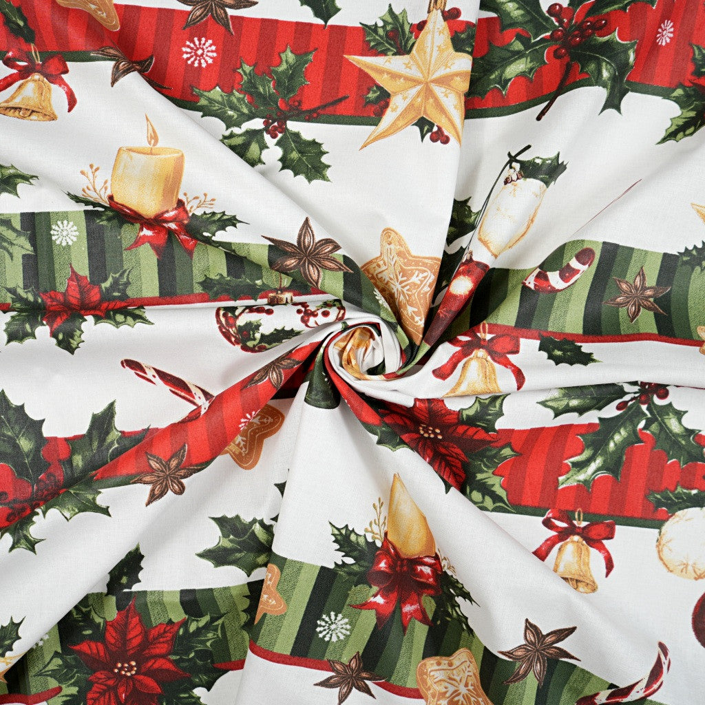 Coton Banderoles De Noël Sur Fond Blanc | Laize 1m55