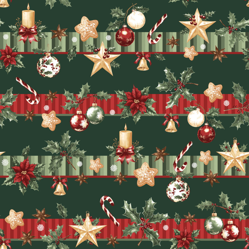 Coton Banderoles De Noël Sur Fond Vert | Laize 1m55