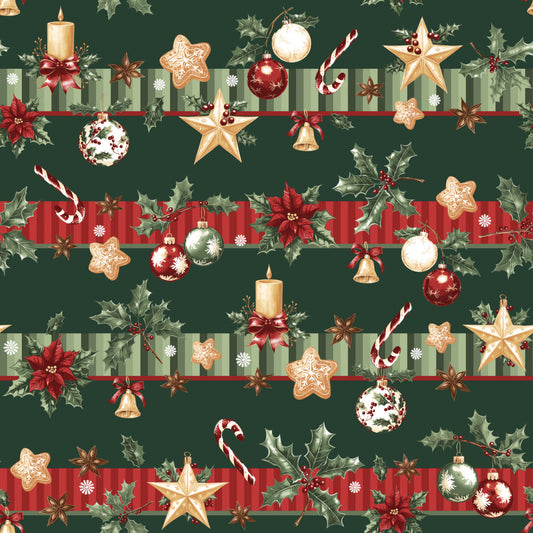 Coton Banderoles De Noël Sur Fond Vert | Laize 1m55