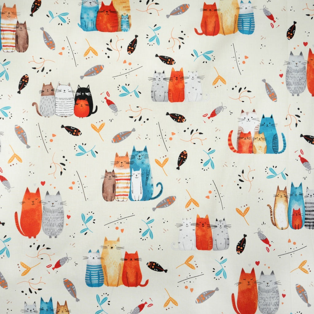 Coton Chats Turquoise et Rouge Fond Ecru | Laize 1m60