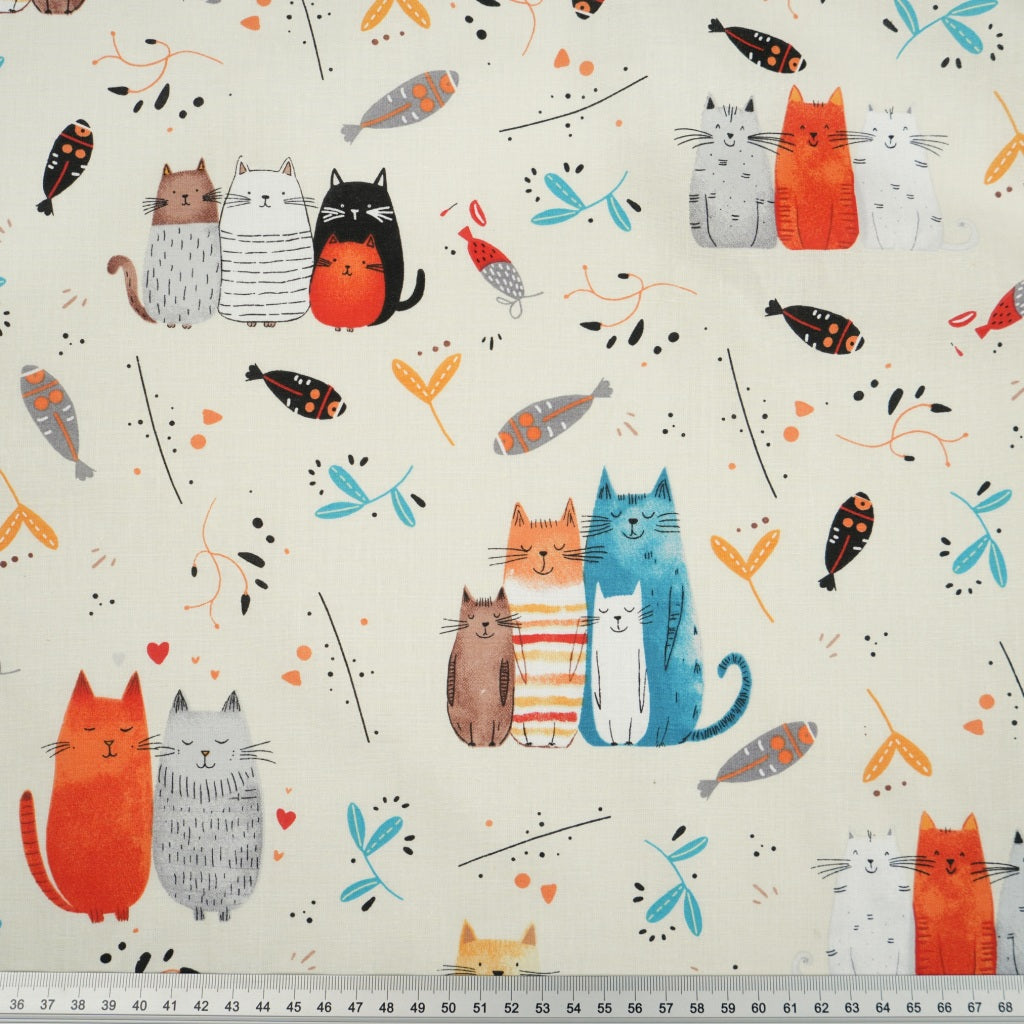 Coton Chats Turquoise et Rouge Fond Ecru | Laize 1m60