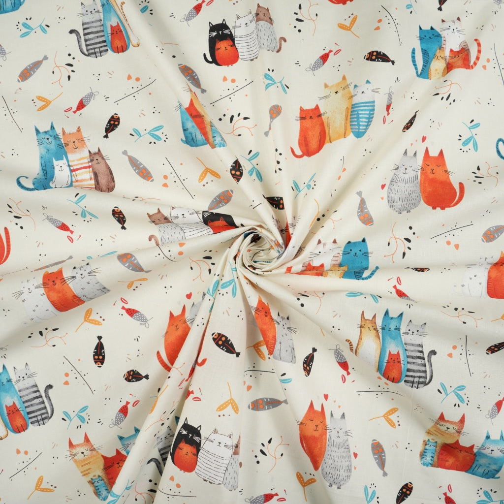 Coton Chats Turquoise et Rouge Fond Ecru | Laize 1m60