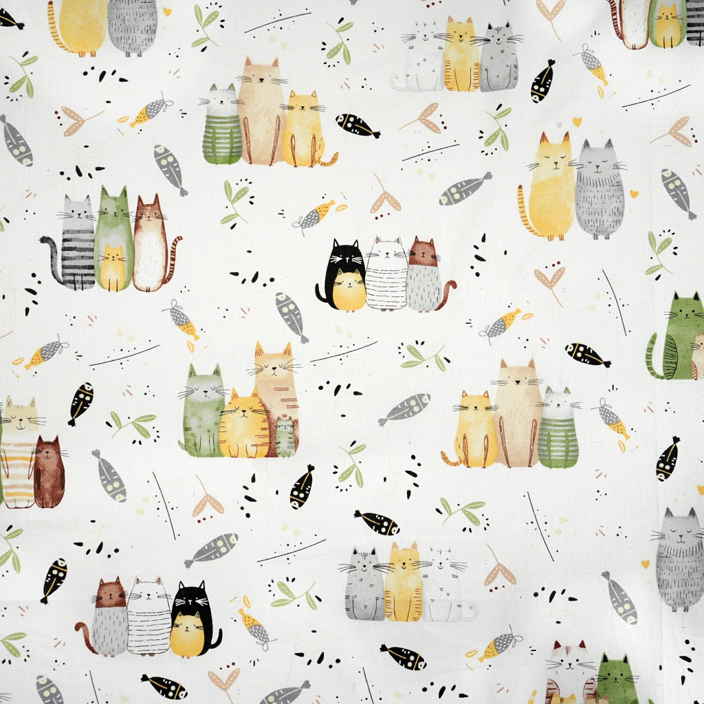 Coton Chats Vert et Beige Fond Blanc | Laize 1m60