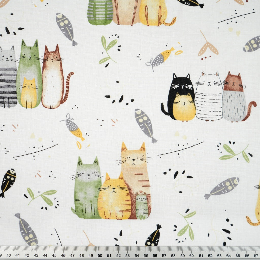 Coton Chats Vert et Beige Fond Blanc | Laize 1m60