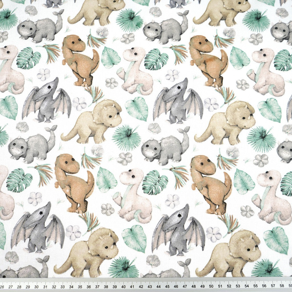 Coton Dinosaures Baby Brun Gris Feuilles | Laize 1m60