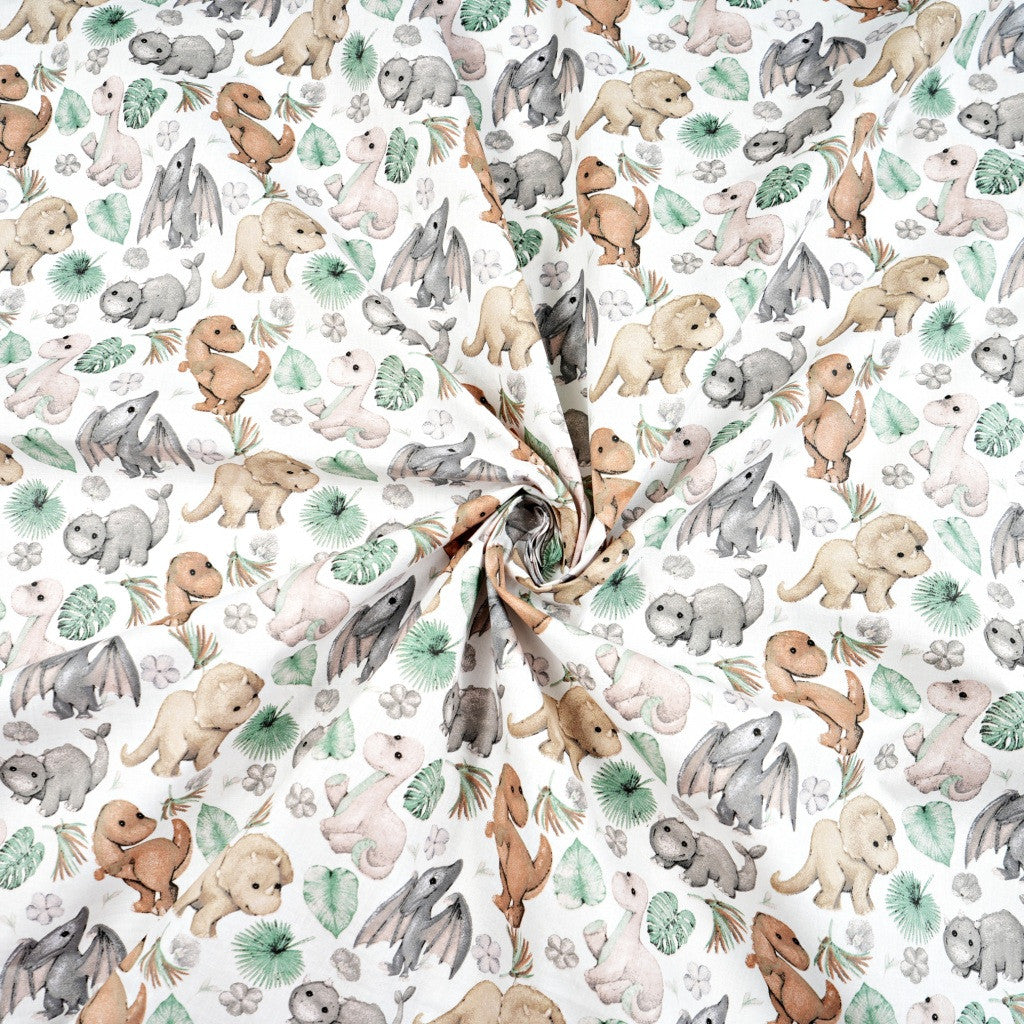 Coton Dinosaures Baby Brun Gris Feuilles | Laize 1m60
