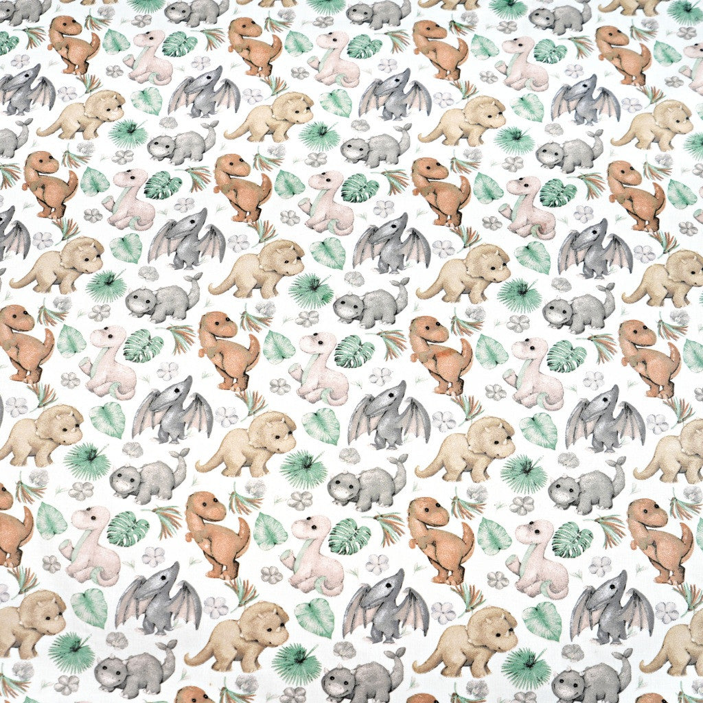 Coton Dinosaures Baby Brun Gris Feuilles | Laize 1m60
