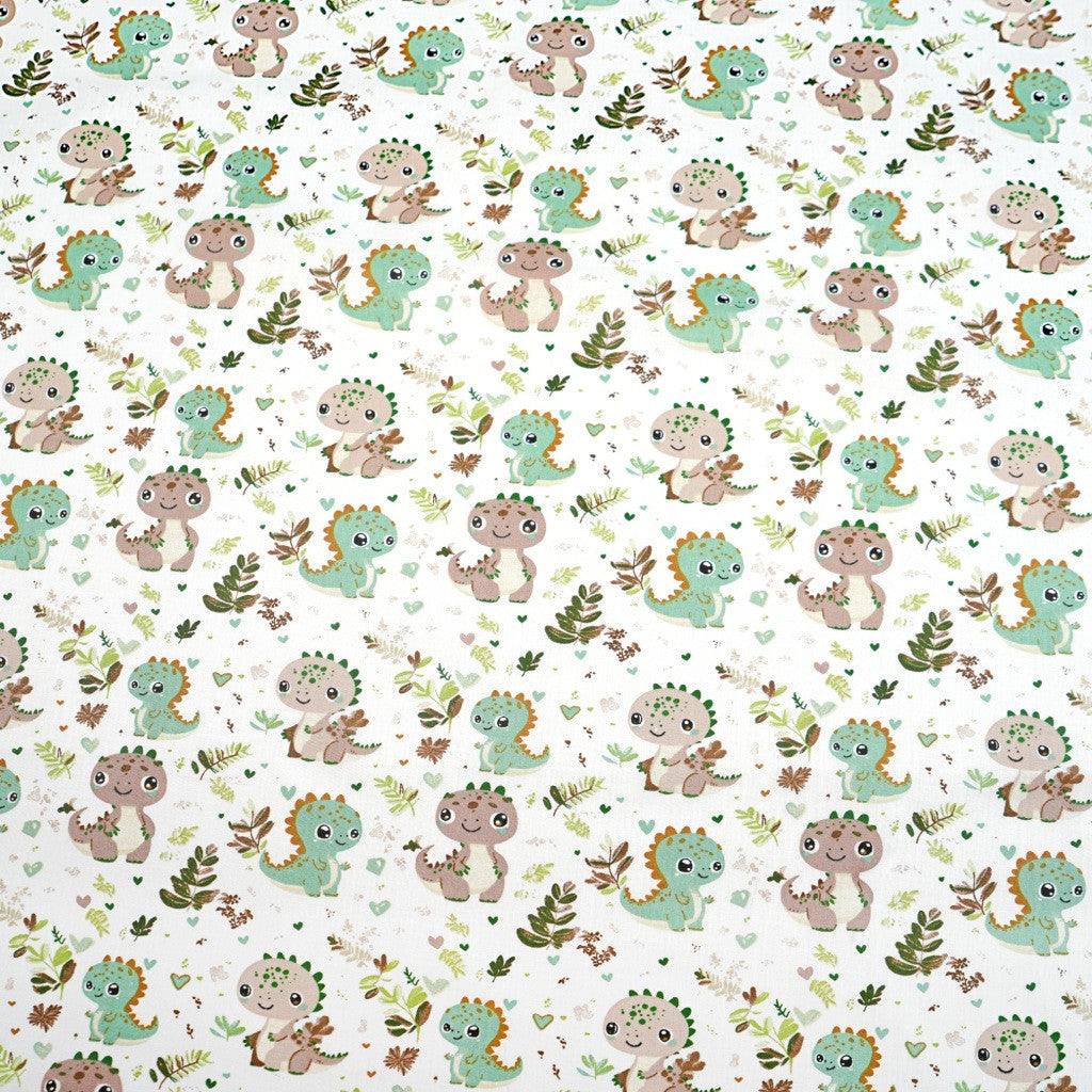 Coton Dinosaures Prairie Brun Vert Fond Blanc | Laize 1m60