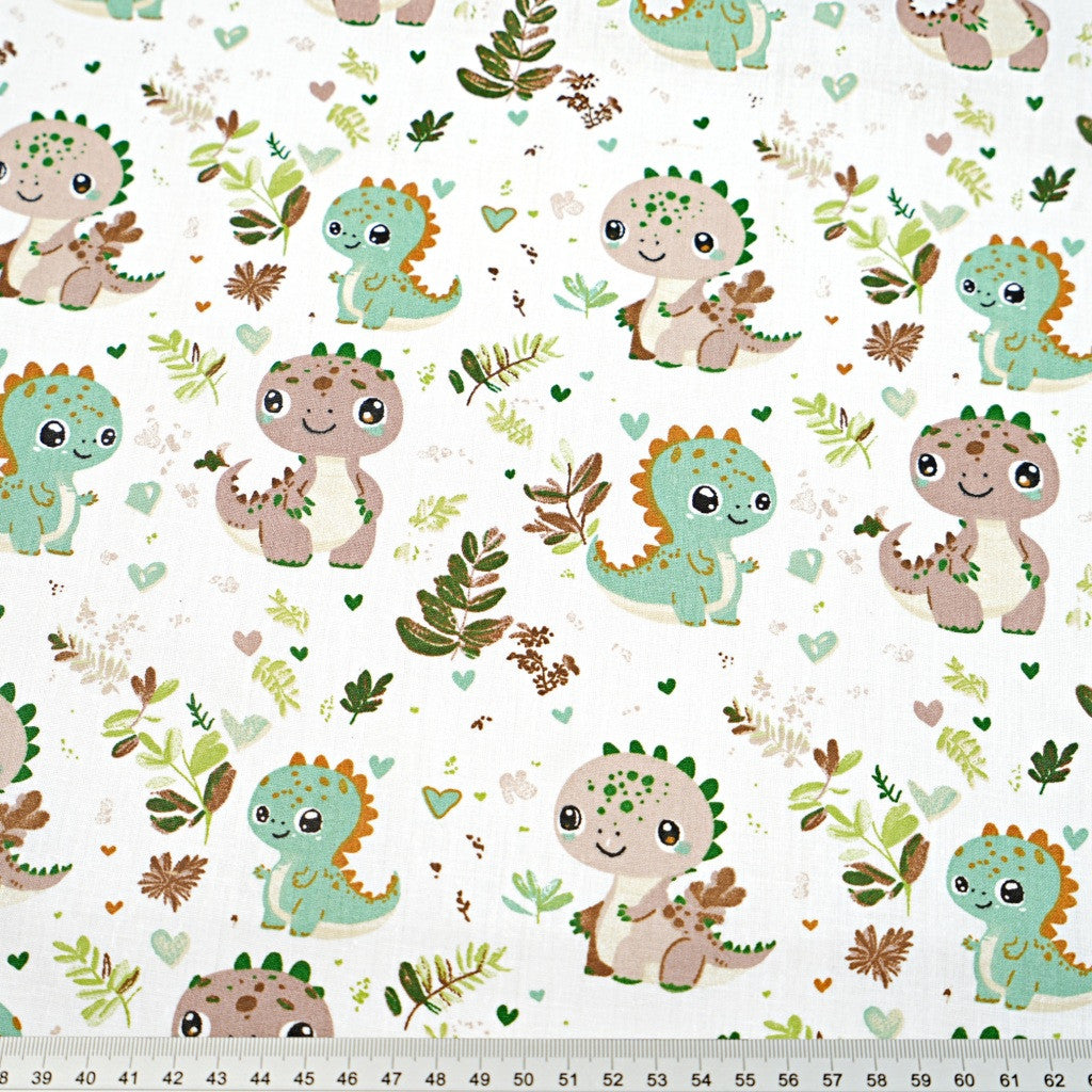 Coton Dinosaures Prairie Brun Vert Fond Blanc | Laize 1m60