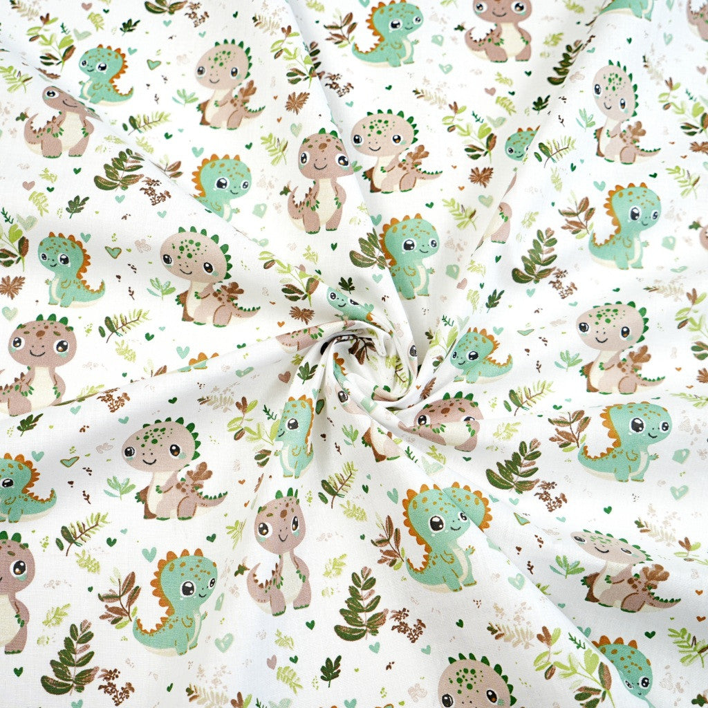Coton Dinosaures Prairie Brun Vert Fond Blanc | Laize 1m60