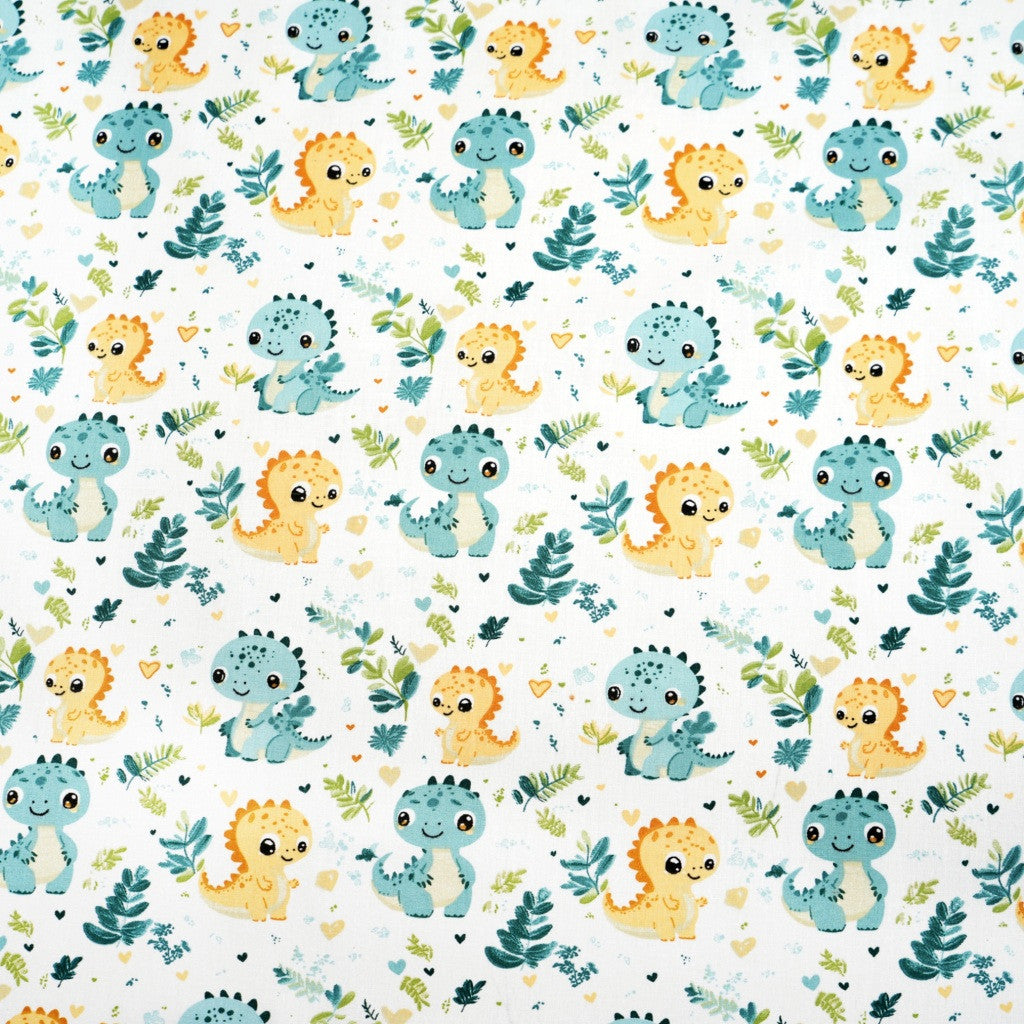 Coton Dinosaures Prairie Menthe Jaune Fond Blanc | Laize 1m60