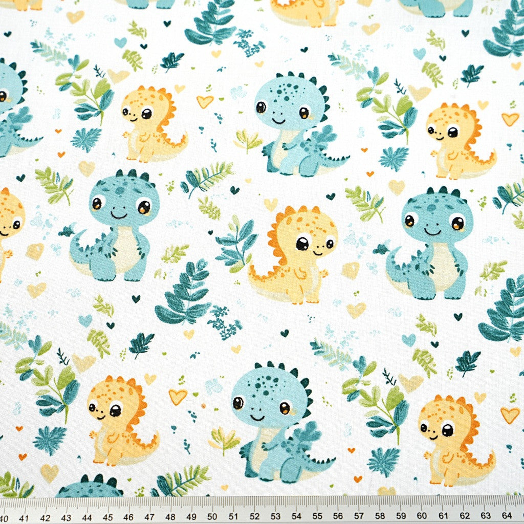 Coton Dinosaures Prairie Menthe Jaune Fond Blanc | Laize 1m60