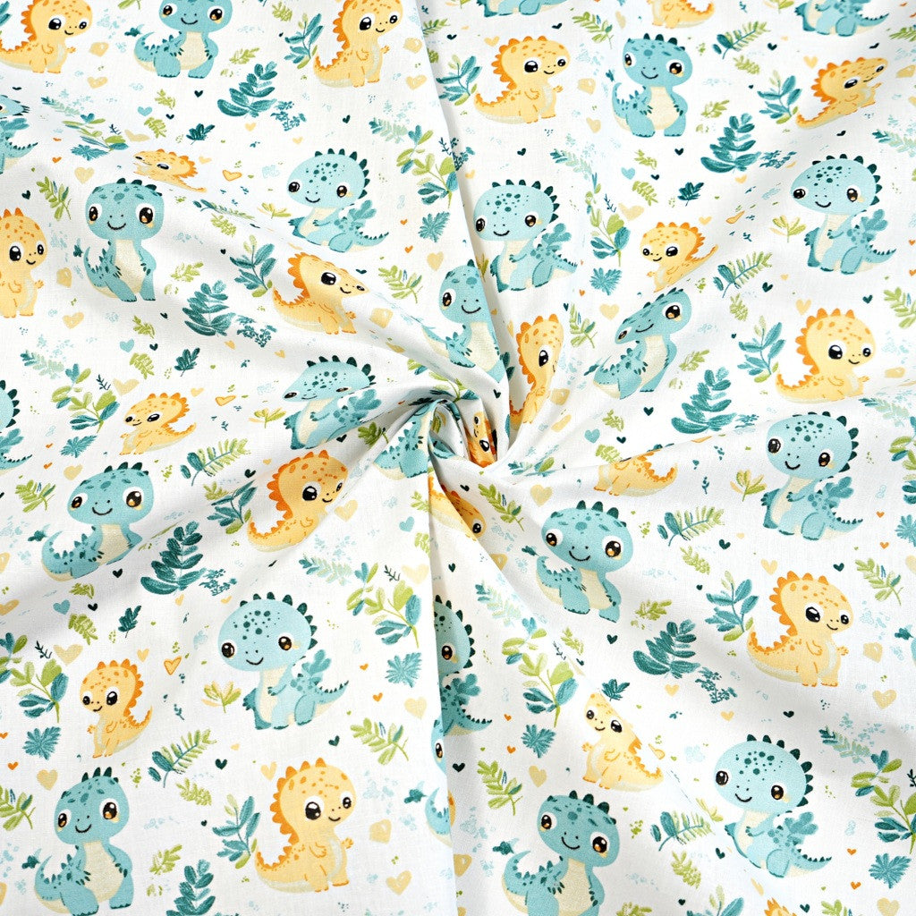 Coton Dinosaures Prairie Menthe Jaune Fond Blanc | Laize 1m60