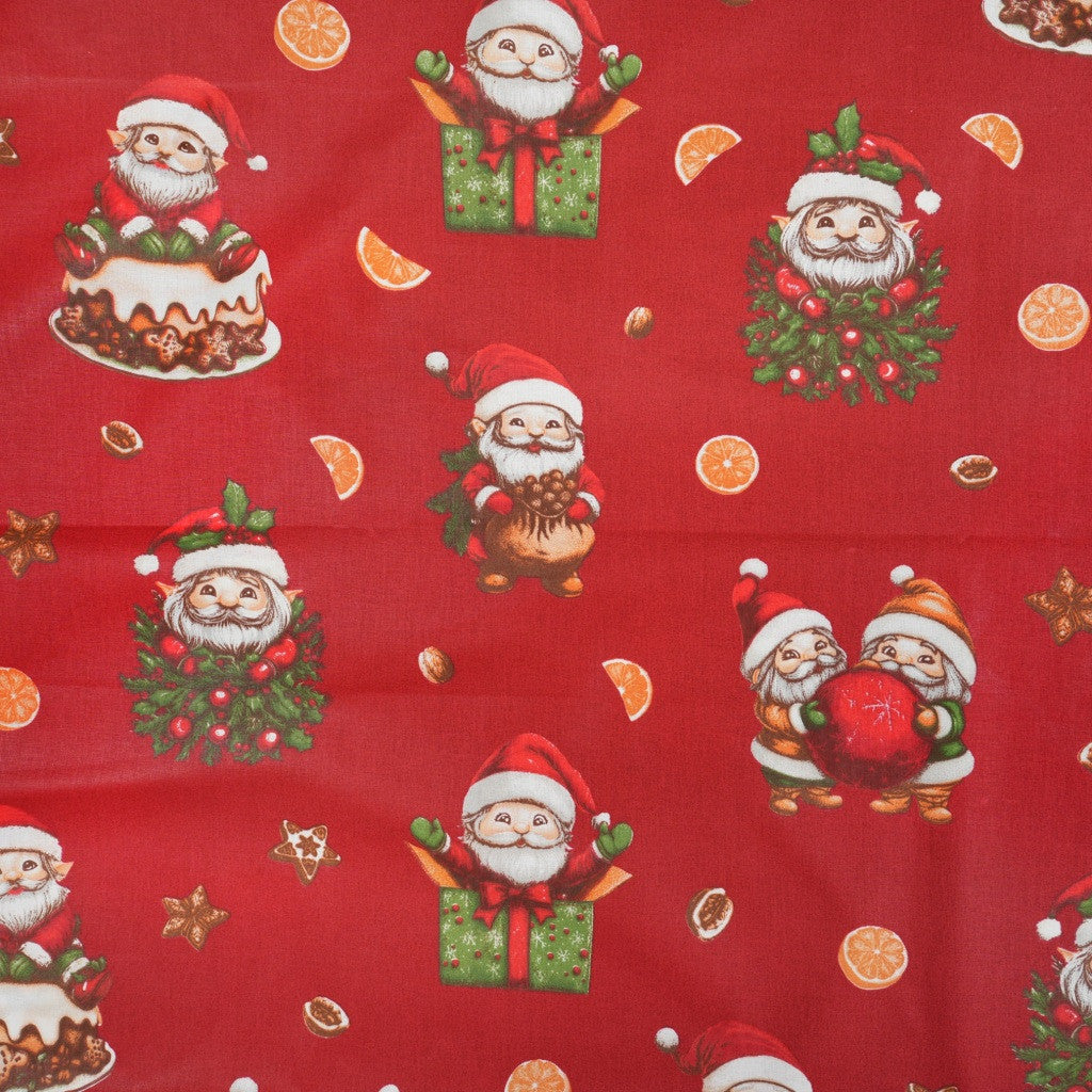 Coton Noël Gnomes Sur Fond Rouge | Laize 1m60
