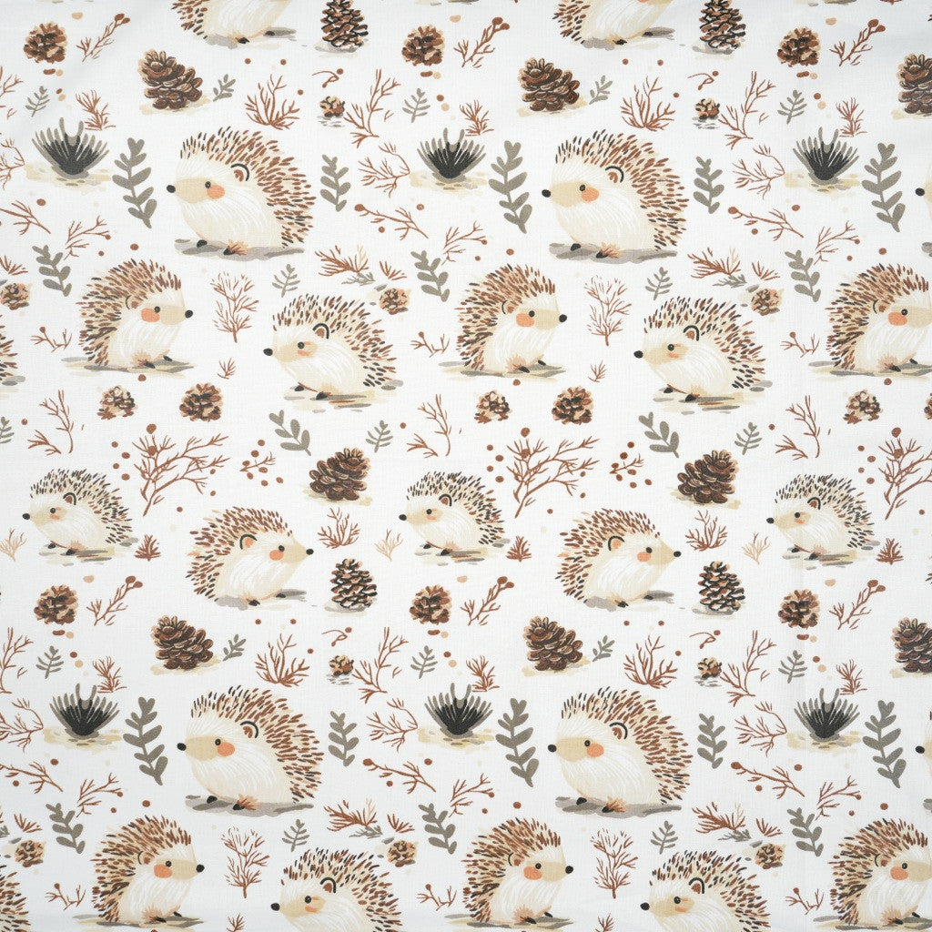 Tissu Coton Hérisson Pomme de Pin Fond Blanc | Laize 1m60