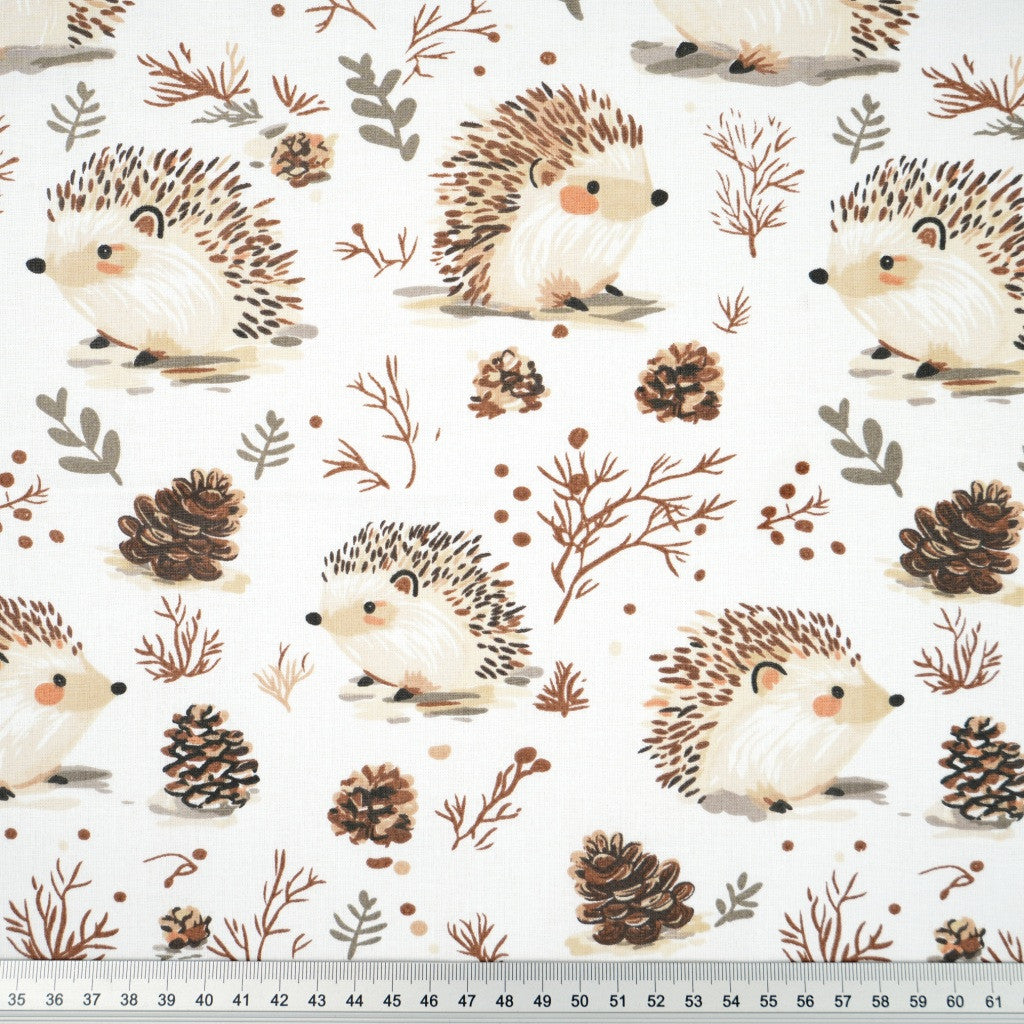 Tissu Coton Hérisson Pomme de Pin Fond Blanc | Laize 1m60