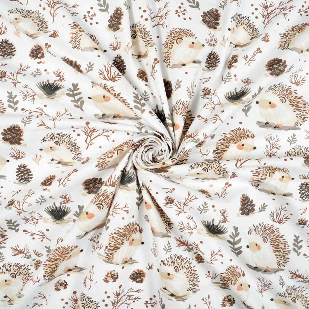 Tissu Coton Hérisson Pomme de Pin Fond Blanc | Laize 1m60