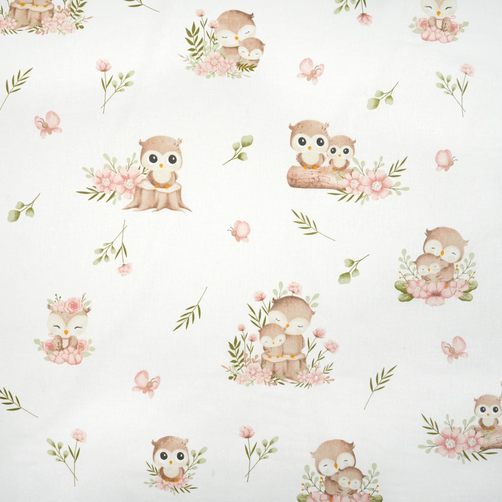 Coton Chouette et Fleurs Fond Blanc | Laize 1m60