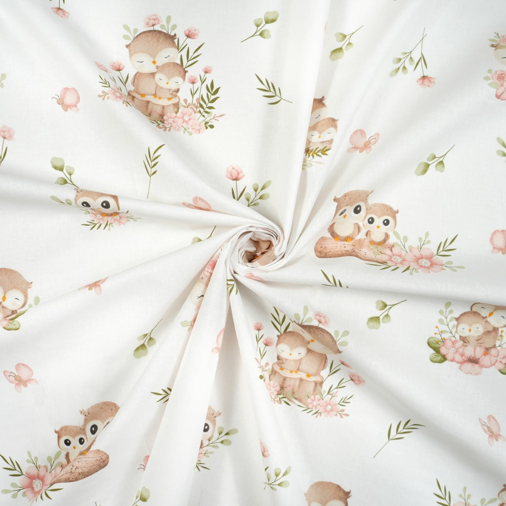 Coton Chouette et Fleurs Fond Blanc | Laize 1m60