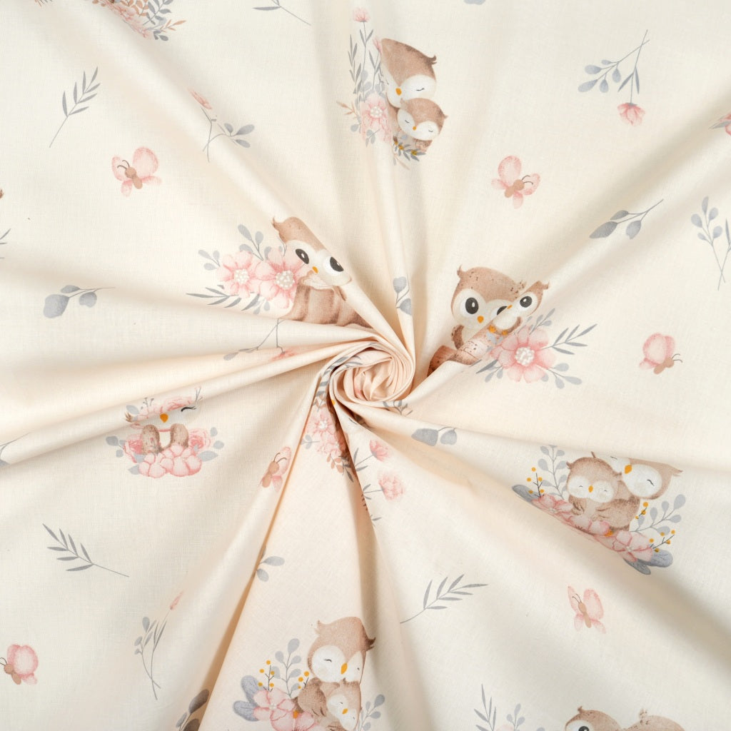 Coton Chouette et Fleurs Fond Pêche | Laize 1m60