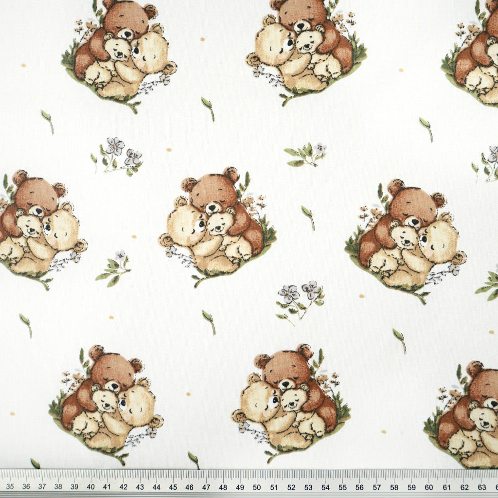 Tissu Coton Famille Ourson Fond Blanc | Laize 1m55