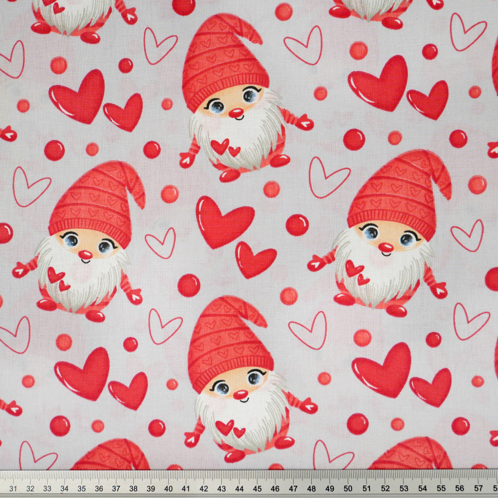 Coton Noël Gnomes et Cœurs Fond Gris | Laize 1m60