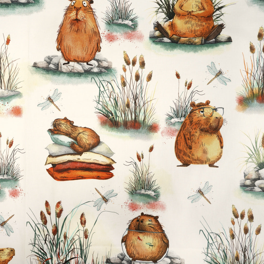 Tissu Coton Grands Capybara Fond Ecru | Laize 1m55