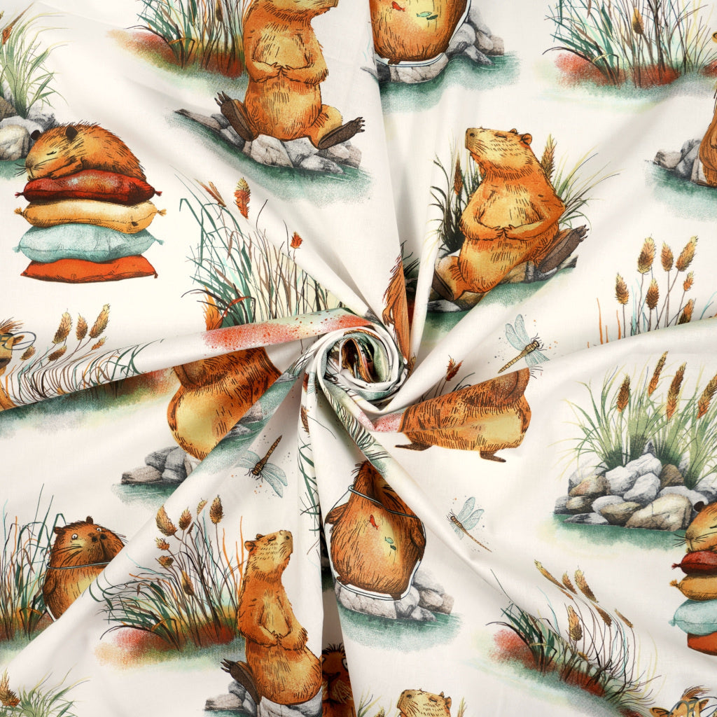 Tissu Coton Grands Capybara Fond Ecru | Laize 1m55