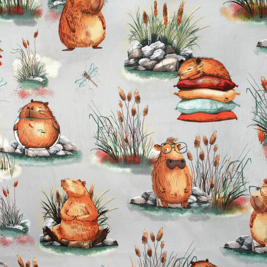 Tissu Coton Grands Capybara Fond Gris | Laize 1m55