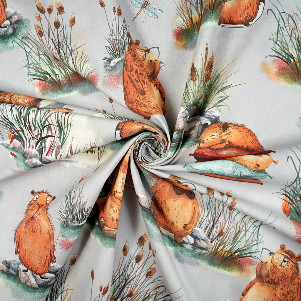 Tissu Coton Grands Capybara Fond Gris | Laize 1m55