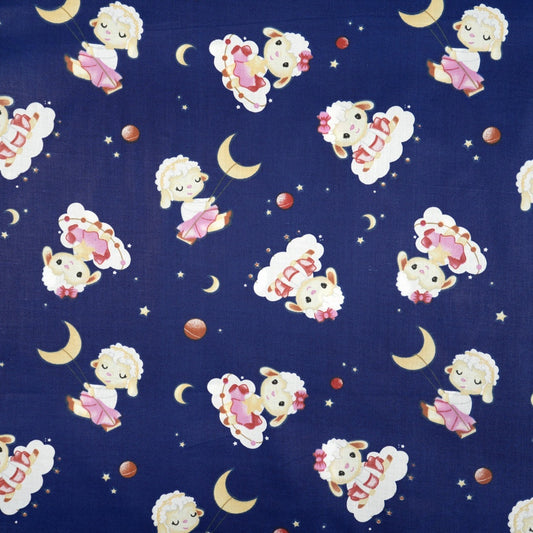 Tissu Coton Mouton Fille Fond Bleu Navy | Laize 1m55