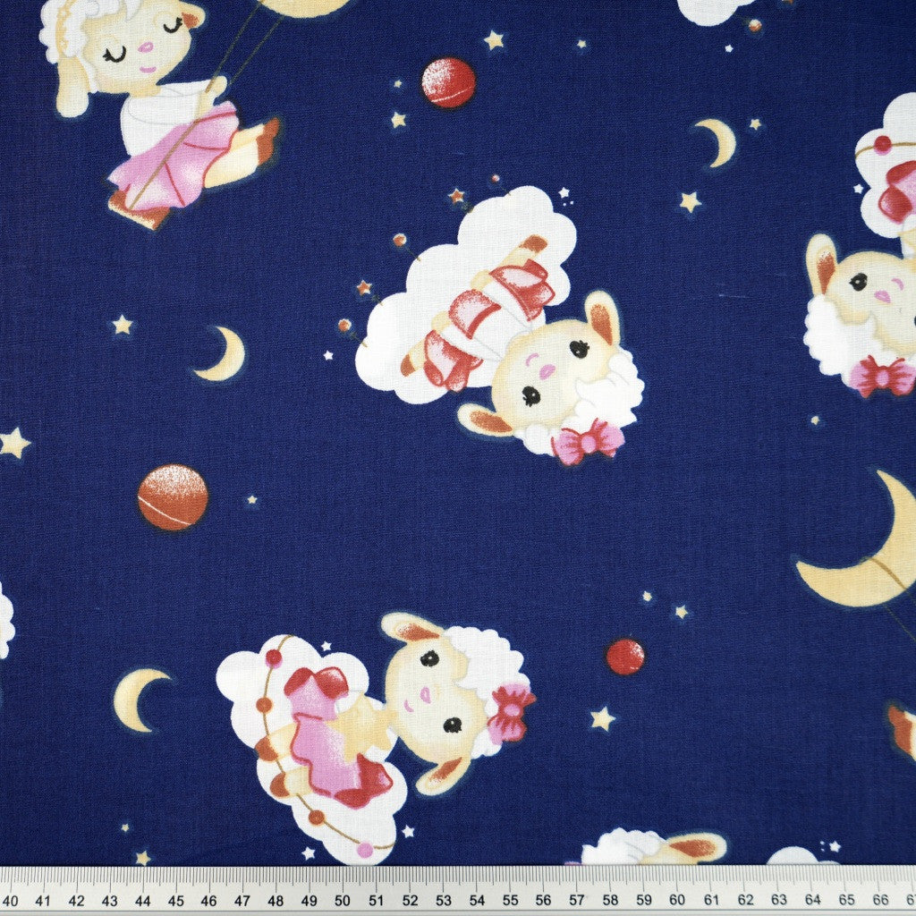 Tissu Coton Mouton Fille Fond Bleu Navy | Laize 1m55