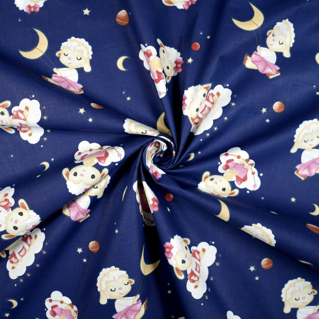 Tissu Coton Mouton Fille Fond Bleu Navy | Laize 1m55