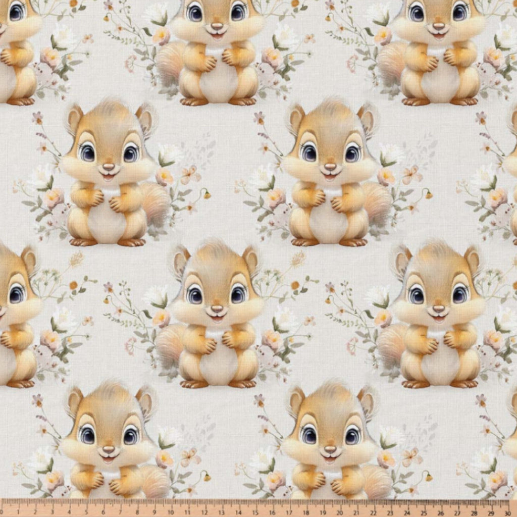 Tissu Coton Ecureuil Squirrel Numérique Fond Lin | Laize 1m50